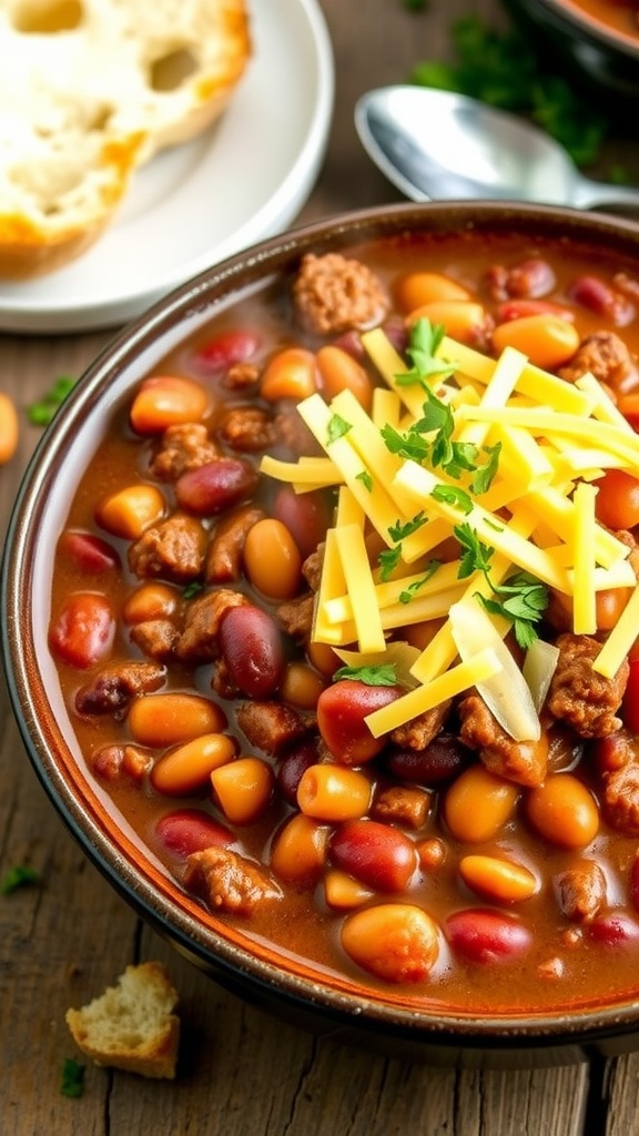 Hearty 3 bean baked beans with ground beef and melted cheese in a baking dish on a rustic table.